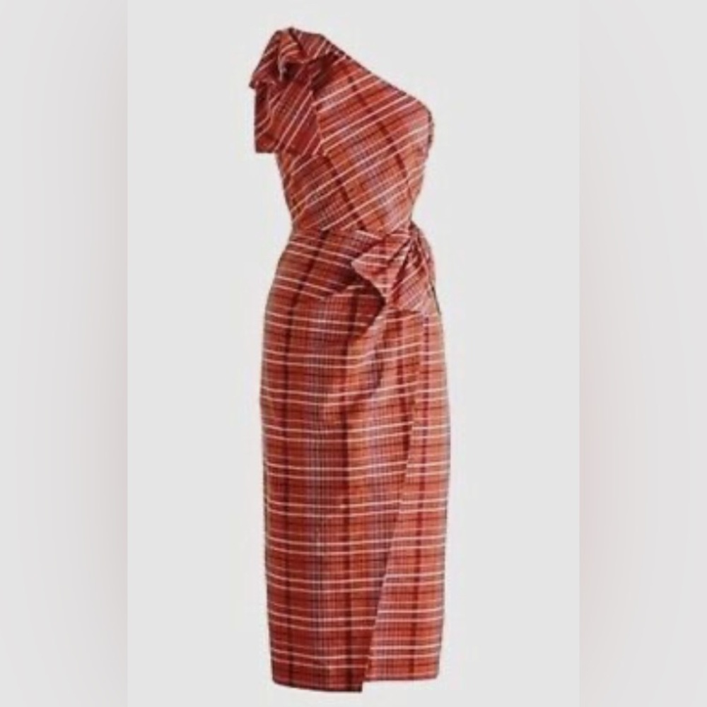 J. Crew One Shoulder Plaid Midi Dress With Bow Accents Size 4 NWT